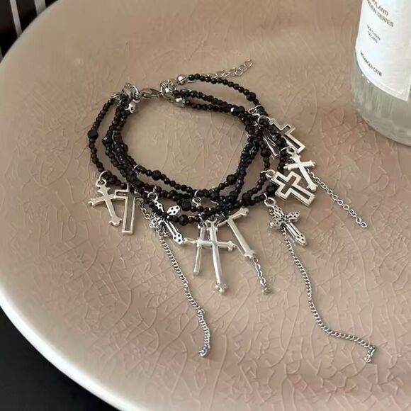 Goth Emo Punk Beaded Layered Silver Cross Bracelet - Picture 1 of 1